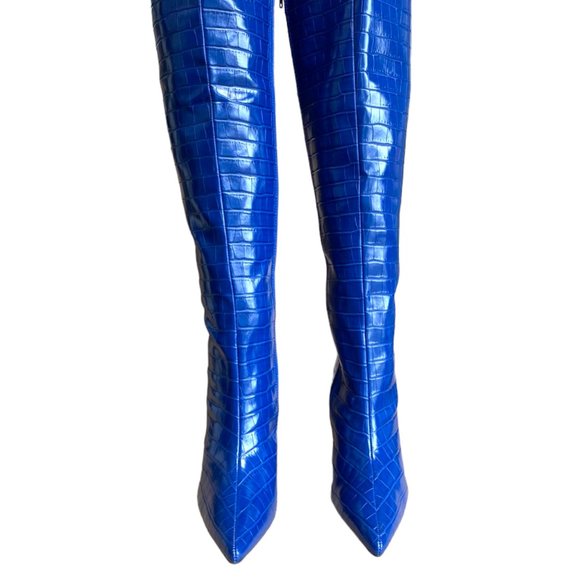 Miss Lola Shoes Miss Lola Sapphire Blue Embossed Faux Croc Pointy